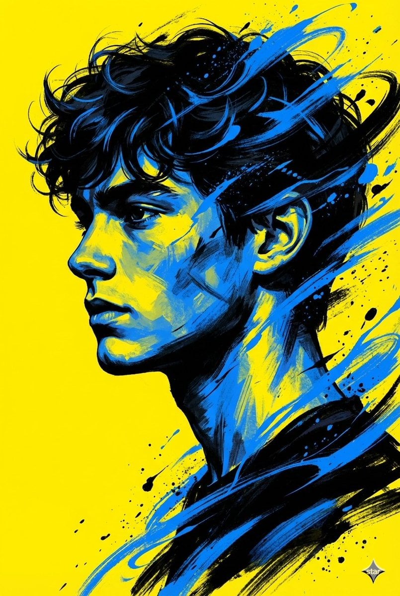 A bold, high contrast digital portrait of a young man in side profile, facing le…