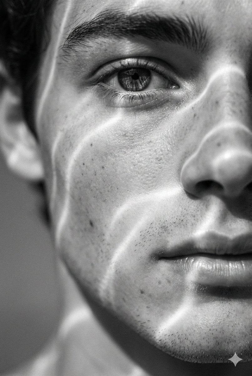 A hyperrealistic 8K black and white extreme close-up portrait of a young man's f…