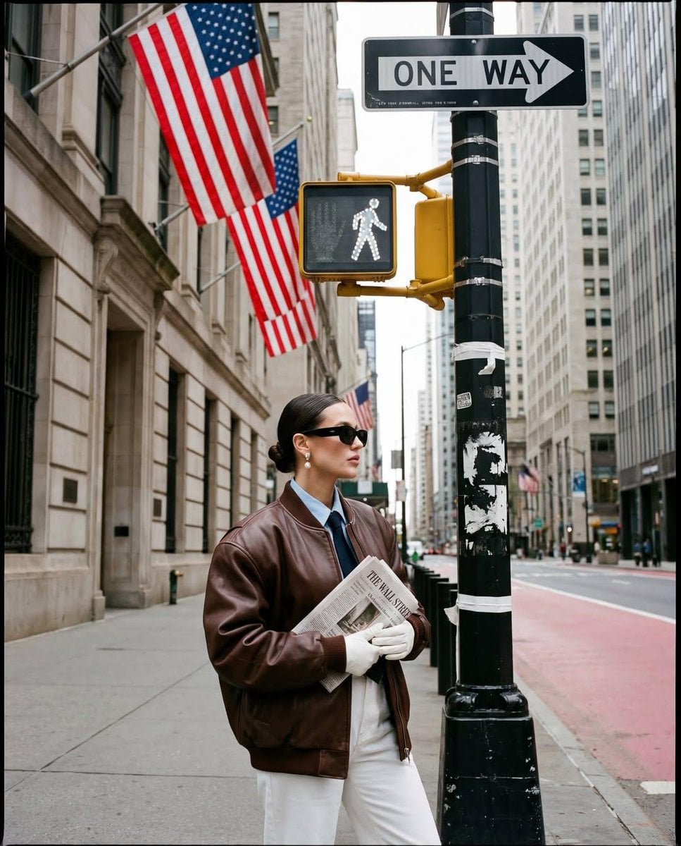 Ultra-realistic street fashion editorial photograph in New York City / Wall Stre…