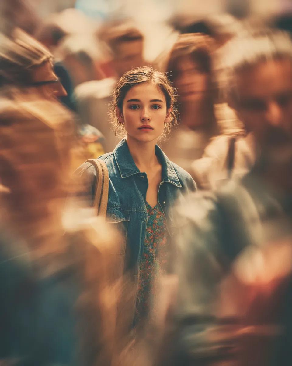 Cinematic portrait of a young person standing still in the middle of a busy crow…