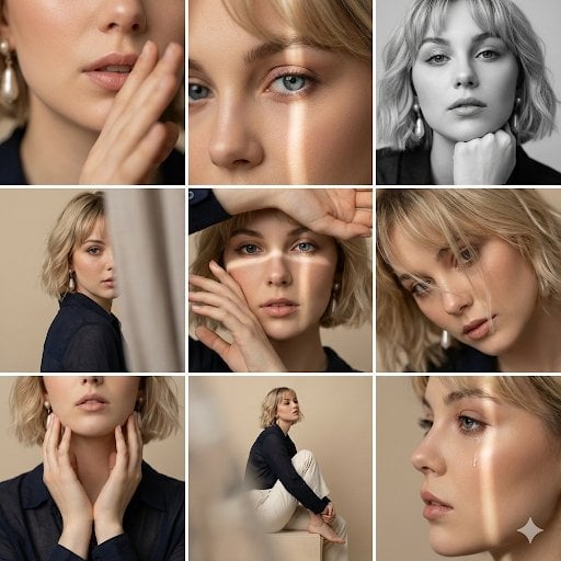 Editorial 3x3 photo grid in a clean soft beige studio. Character (matches refere…