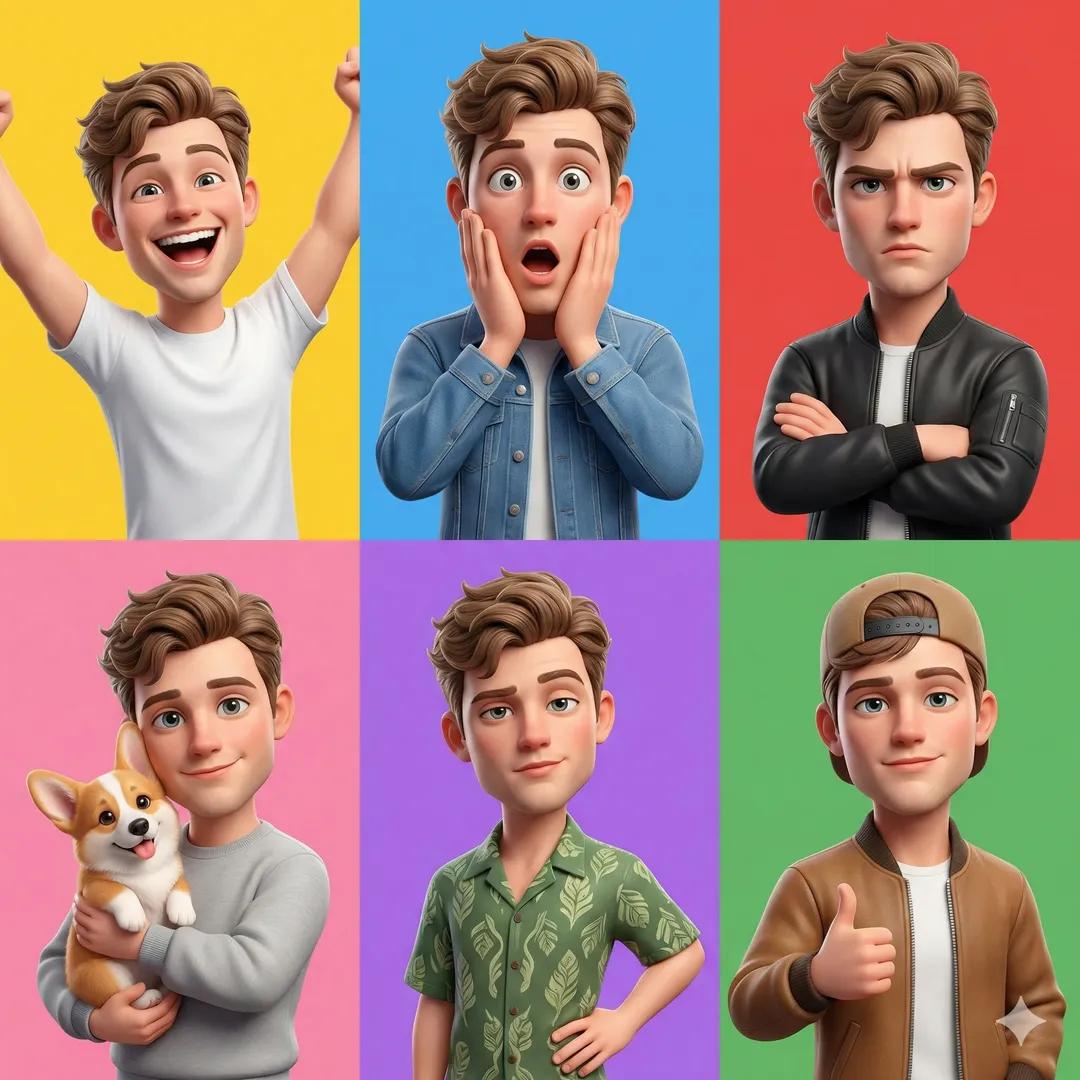 A 3D Pixar-style animated young male character showcased in a 6-panel grid layou…
