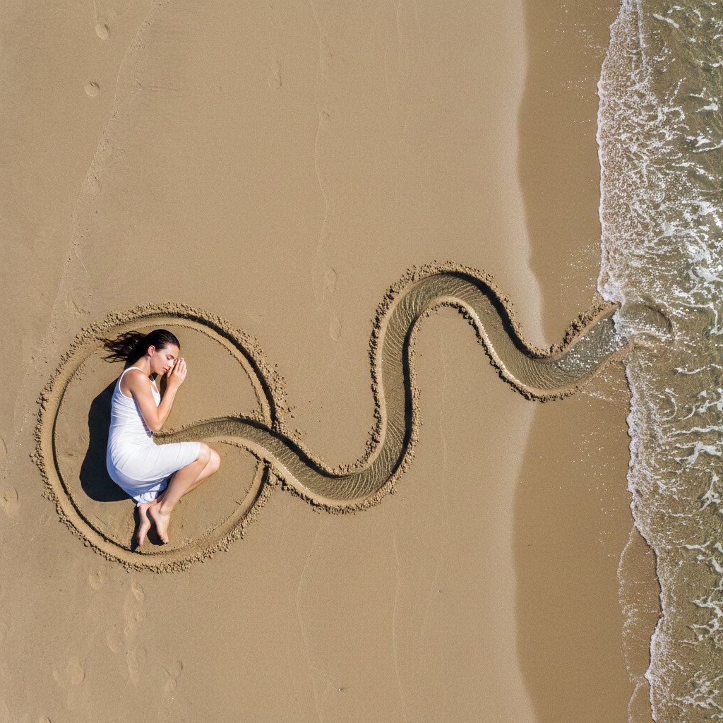 { "intent": { "summary": "Land-art photography of a woman connected to the sea v…
