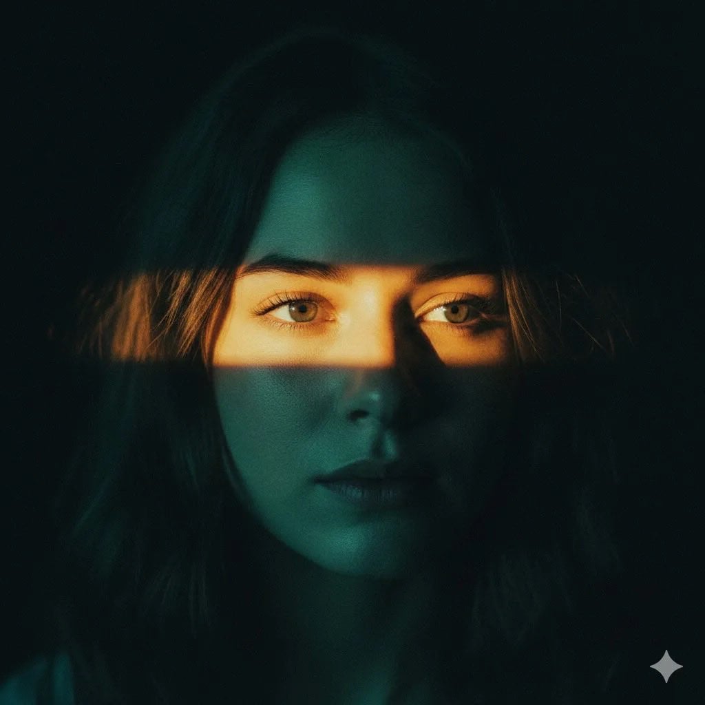 Ultra-realistic cinematic portrait of a young woman with soft brown hair, center…