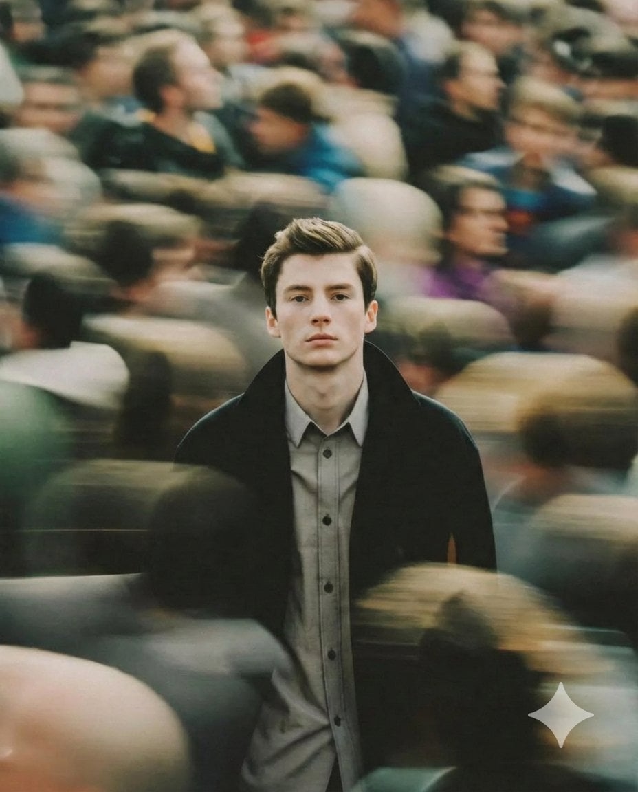 A cinematic portrait of a young man standing still in the middle of a busy crowd…