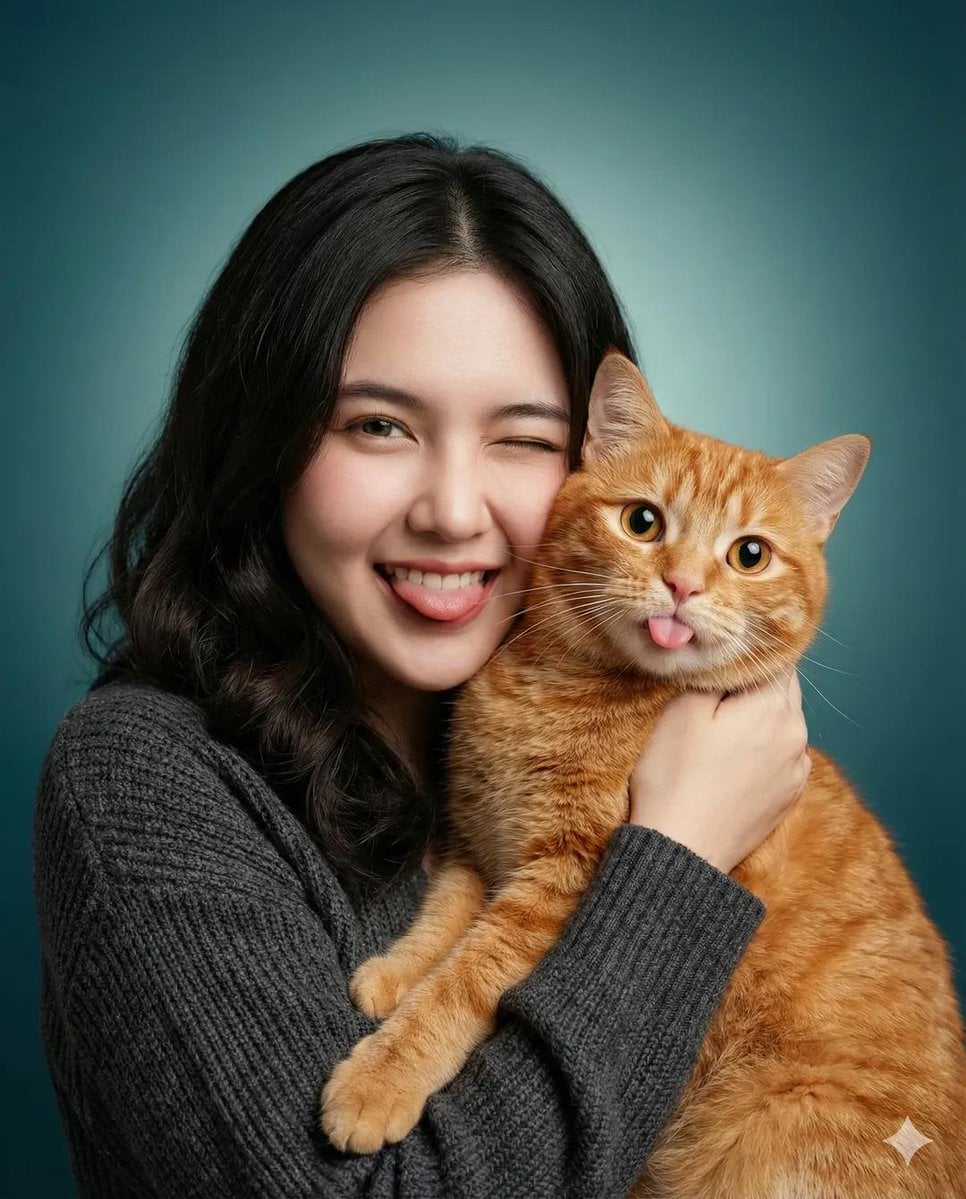 A heartwarming studio portrait of a young woman holding a cute orange tabby cat …