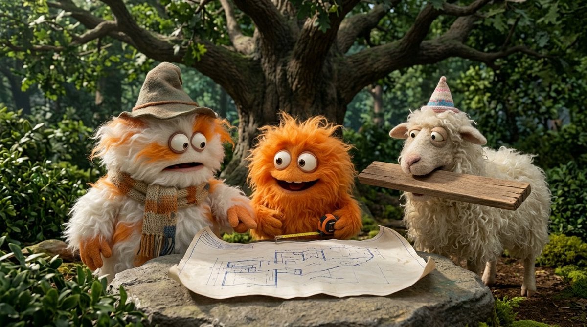 Create a funny 4-part story featuring 3 fluffy creatures building a treehouse. T… (1)