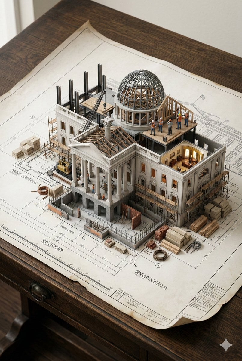 An architectural blueprint of [BUILDING_NAME] placed on a {SURFACE}, with a phot…