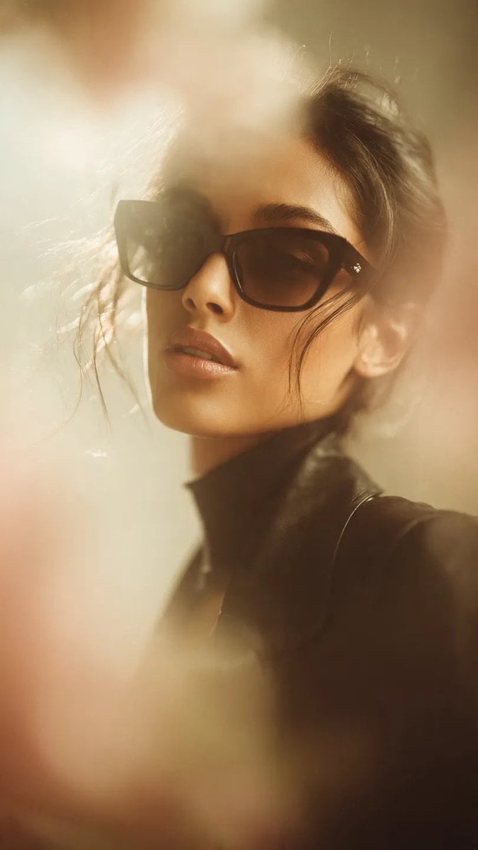 Ultra-realistic cinematic fashion portrait of a stylish woman wearing oversized …