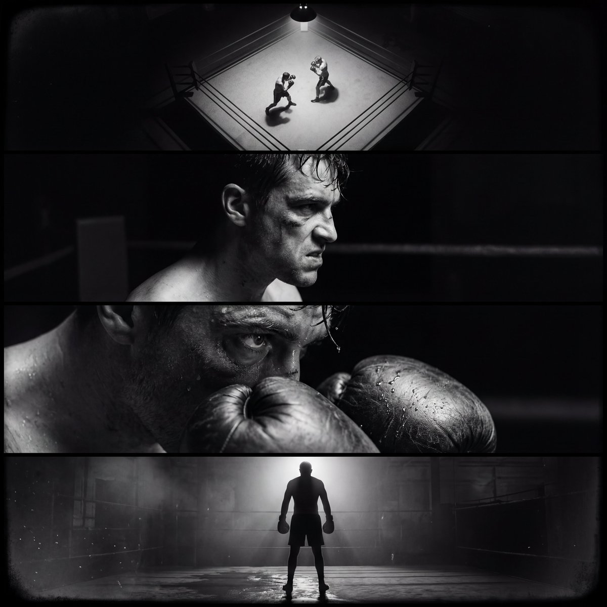 Create a single film noir–style cinematic image divided into four horizontal pan…