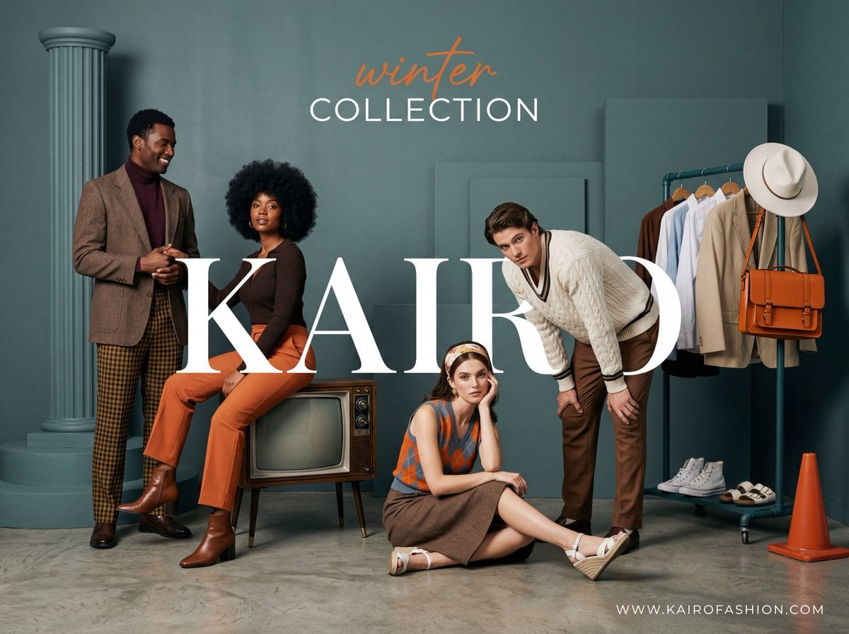 A wide-angle, studio fashion advertisement with a sophisticated retro-modern aes…