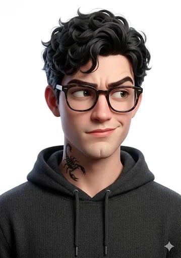 3D stylized character portrait of a young man, curly dark hair, wearing black ro…