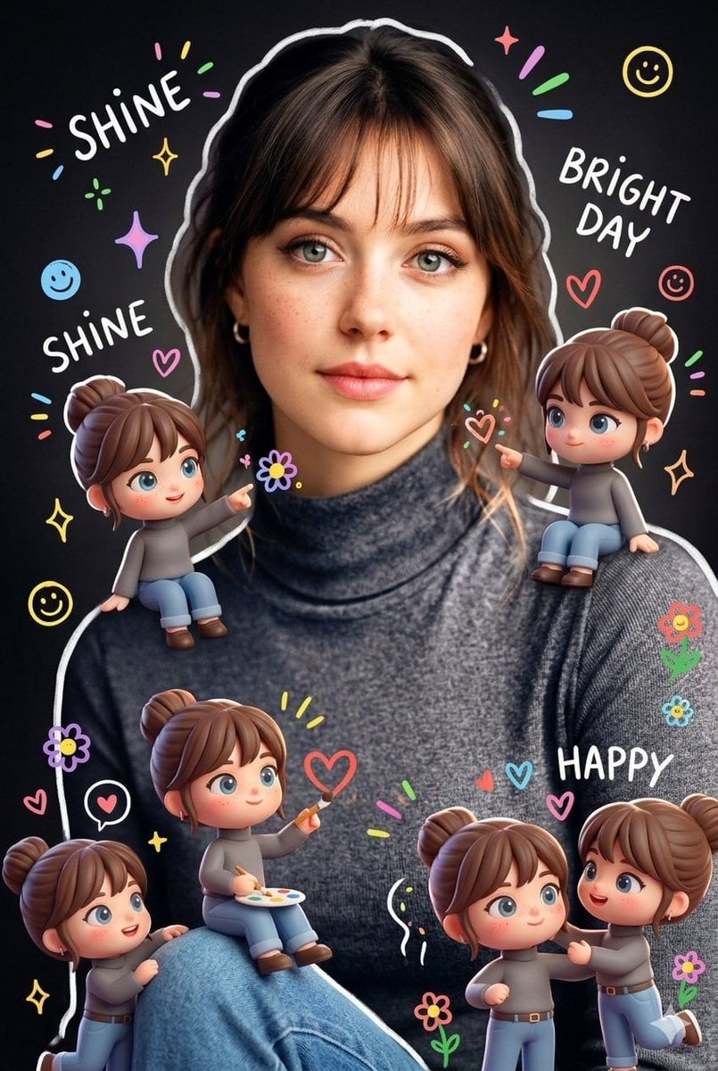 Surrounding the realistic main subject are multiple cute, 3D-style chibi miniatu…