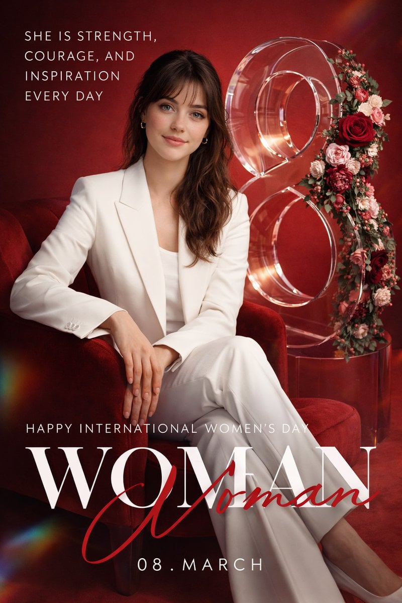 Create a high-end promotional poster for International Women's Day, designed as …