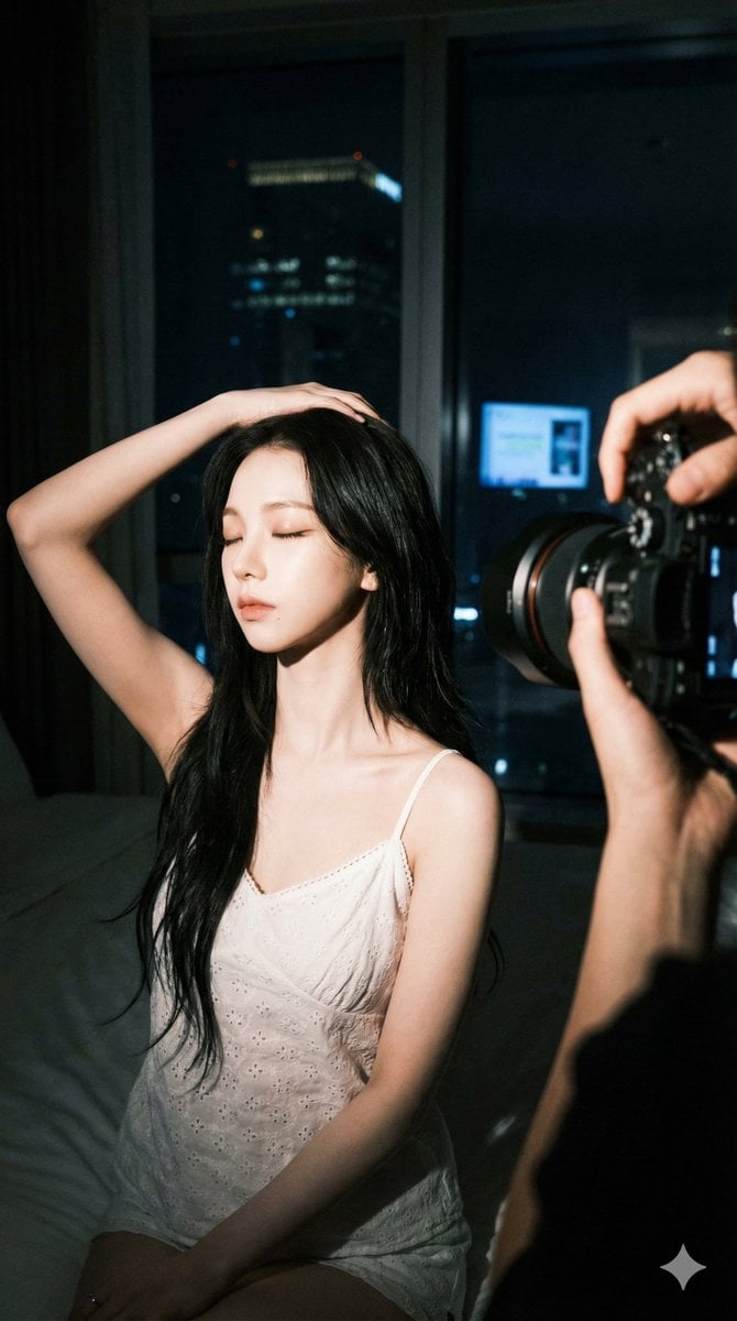Behind-the-scenes indoor photography at night, high-contrast. The subject is Kar…