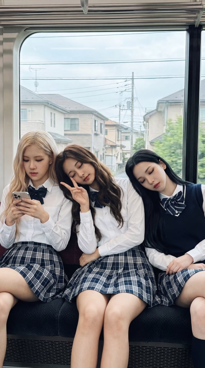 { "prompt": "Three K-pop idols sitting on a train. Left girl is Rosé with pale s…
