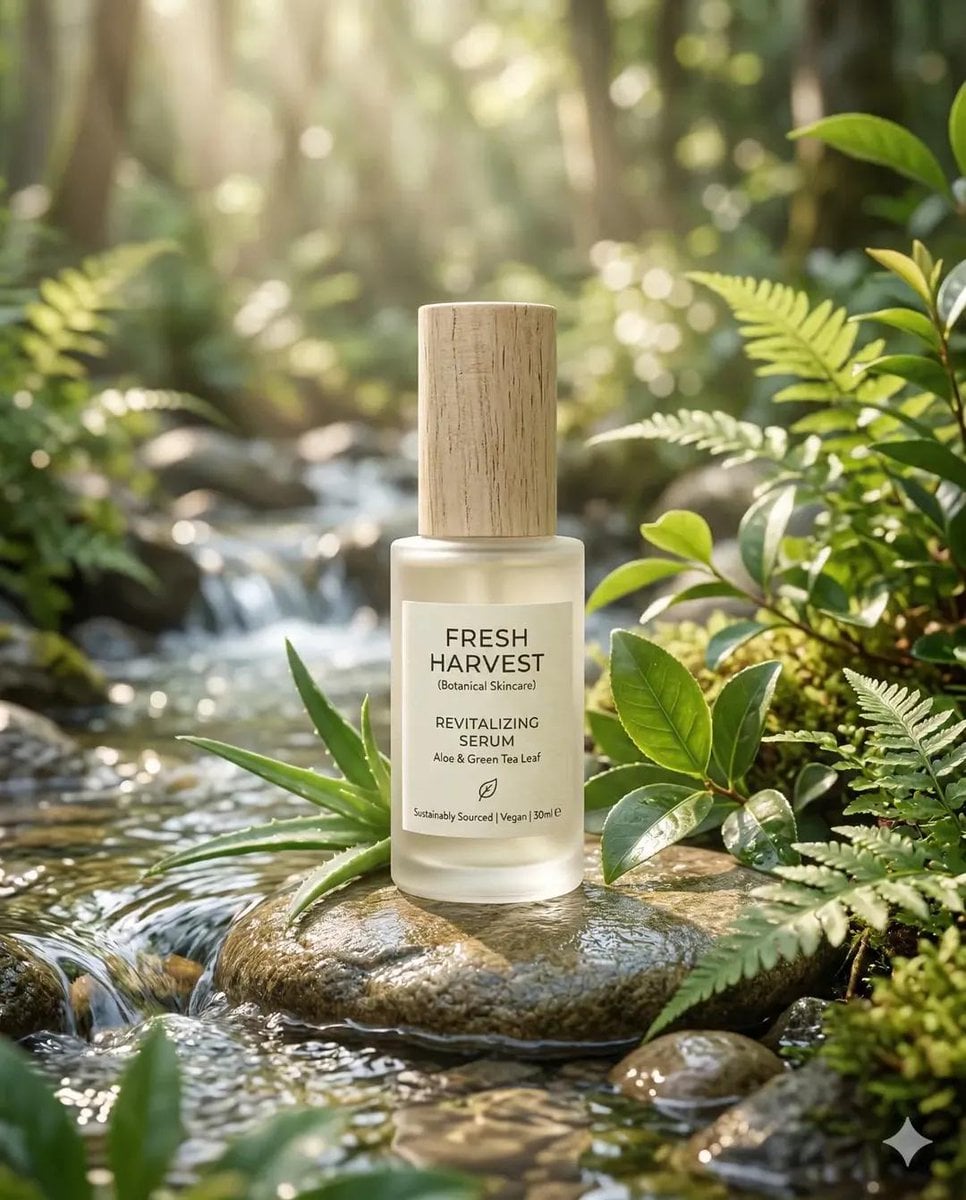 Eco-Friendly Skincare Product “Minimalist skincare bottle made of frosted glass,…