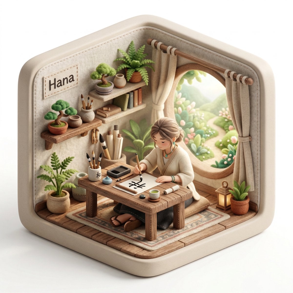 Create a 3D isometric diorama illustration of an original character named [CHARA…