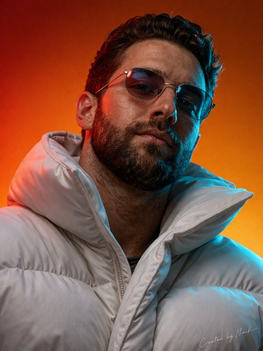 Create an ultra-photorealistic cinematic portrait of a man viewed from a slightl…