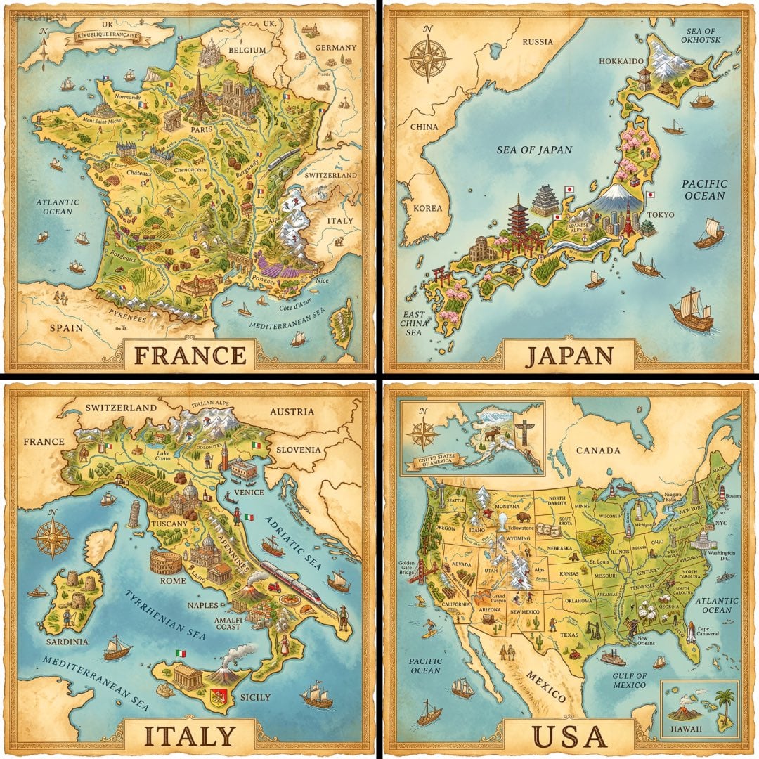 A hand-painted isometric bird’s-eye view illustration of [COUNTRY] in a vintage …