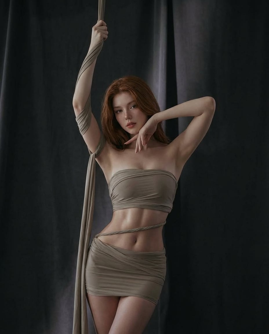 { "scene": "A young woman posing indoors against dark curtains", "subject": { "g… (1)