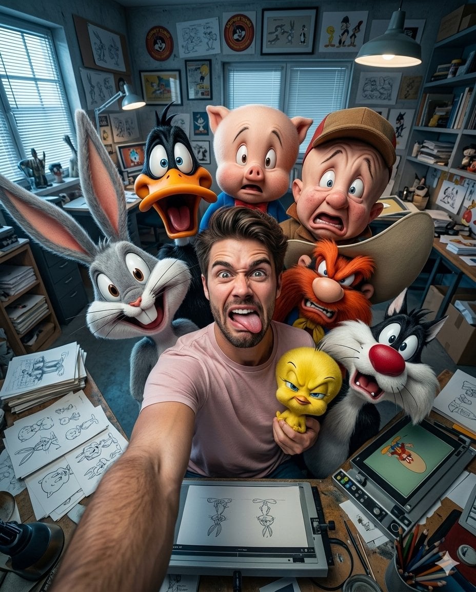 Ultra-realistic 4:5 vertical format ultra wide angle 13mm selfie of me with Bugs…