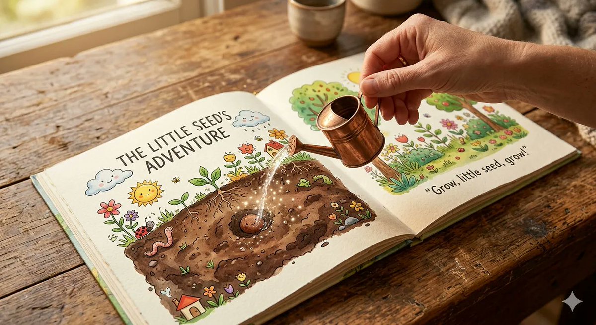 { "prompt": "An open children’s picture book rests on a wooden table, showing a …