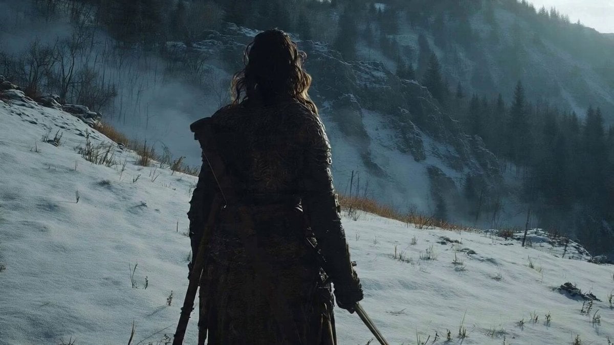 SUBJECTS: A lone sword-bearing woman in weathered fur and leather fights a massi…