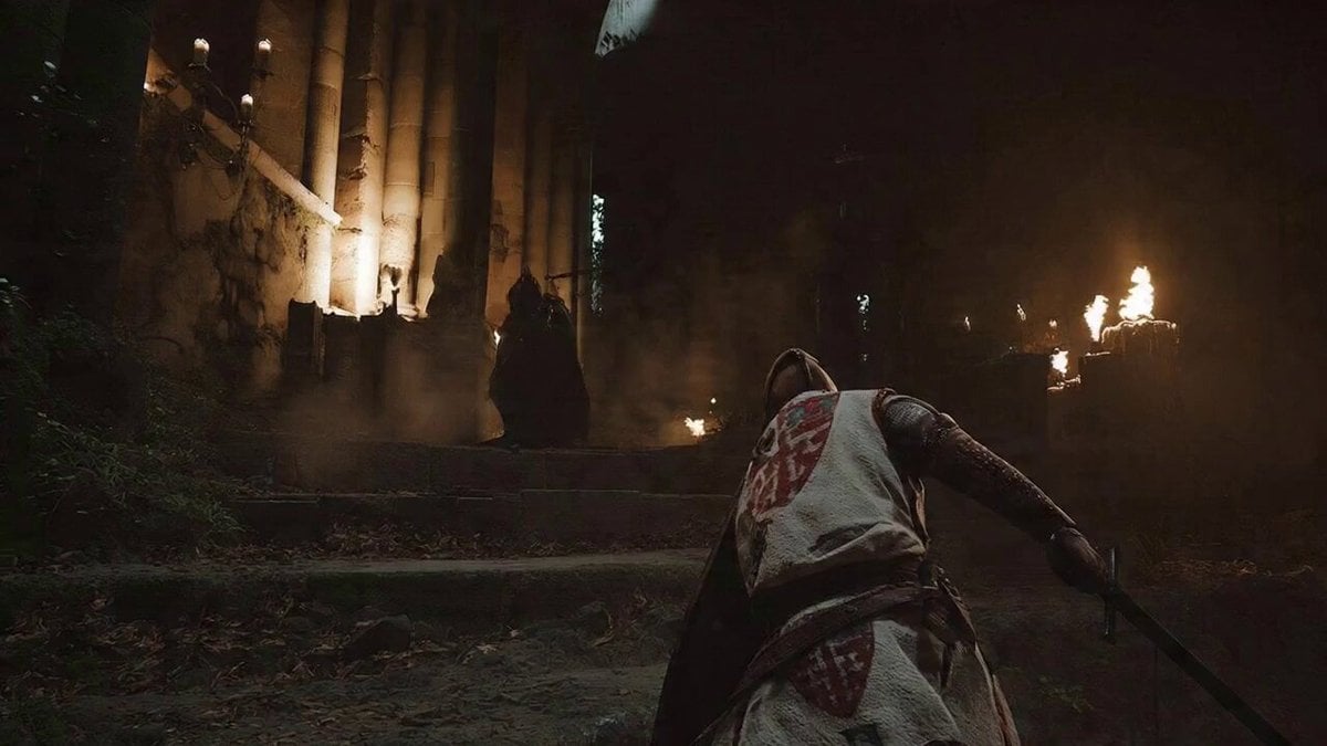 SUBJECTS: A young warrior in worn steel and dark travel cloth fights a towering …