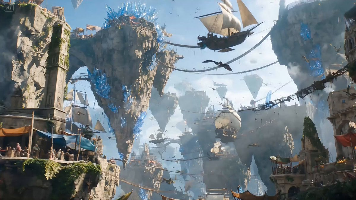 A daring aerial rogue diving on a bio-mechanical glider through a chaotic floati…