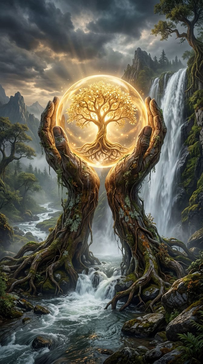 A majestic, ancient gnarled tree with thick, twisting roots sits at the center o…
