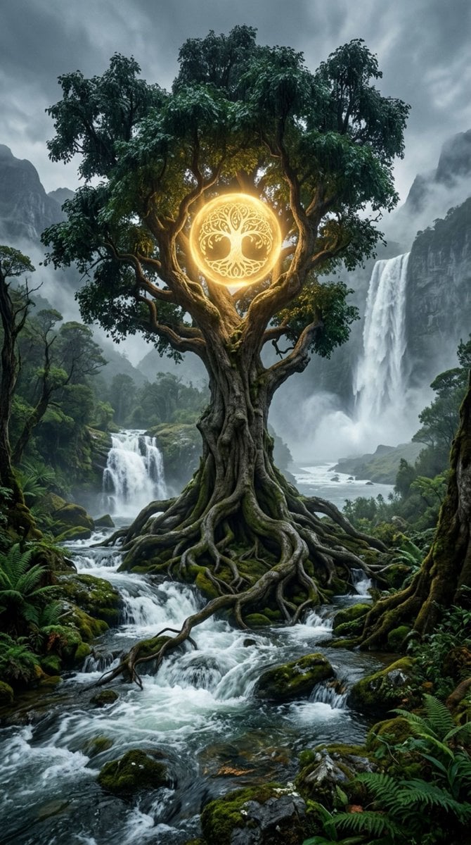A majestic, ancient gnarled tree with thick, twisting roots sits at the center o… (2)