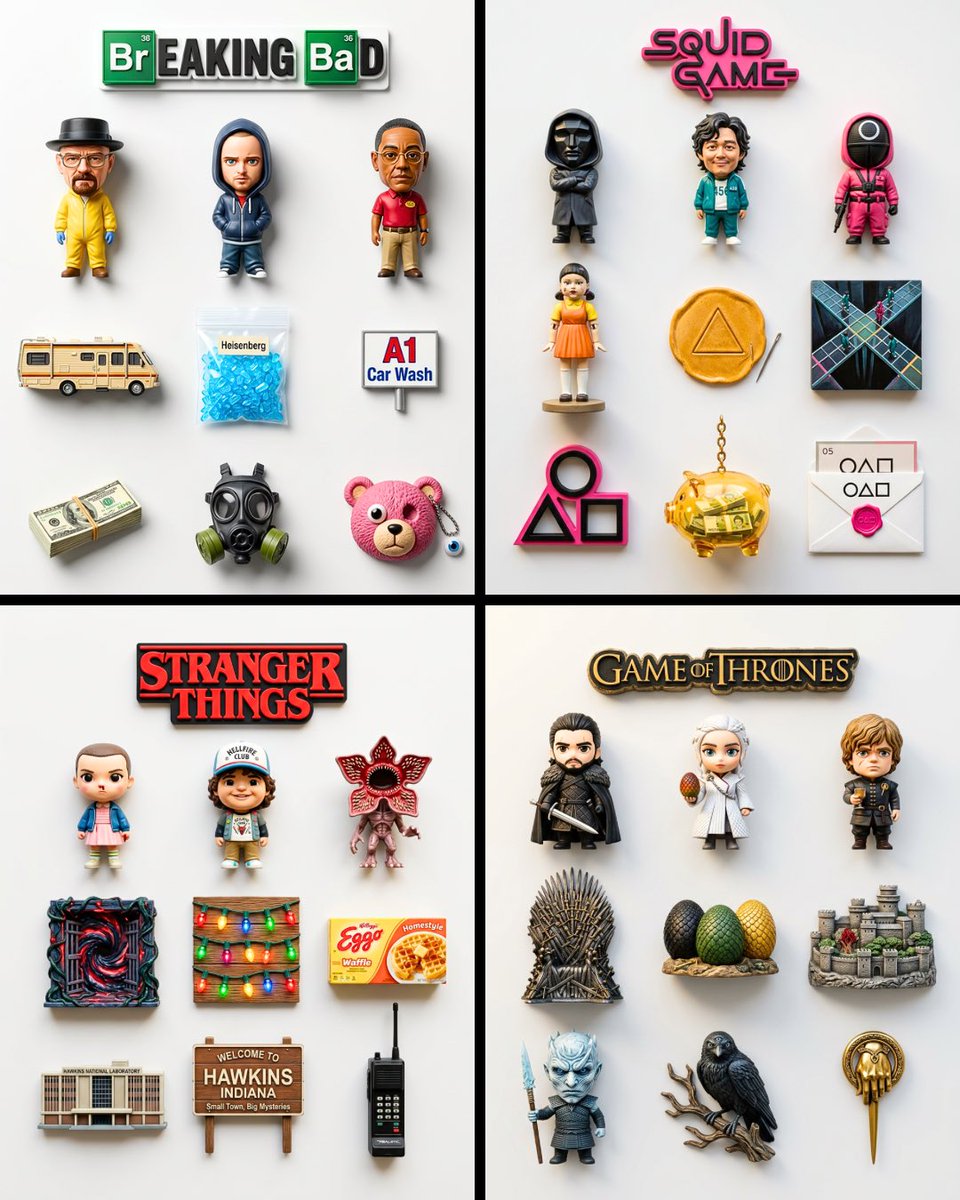 A flat-lay collection of exactly 9 hyper-realistic 3D resin fridge magnets arran…