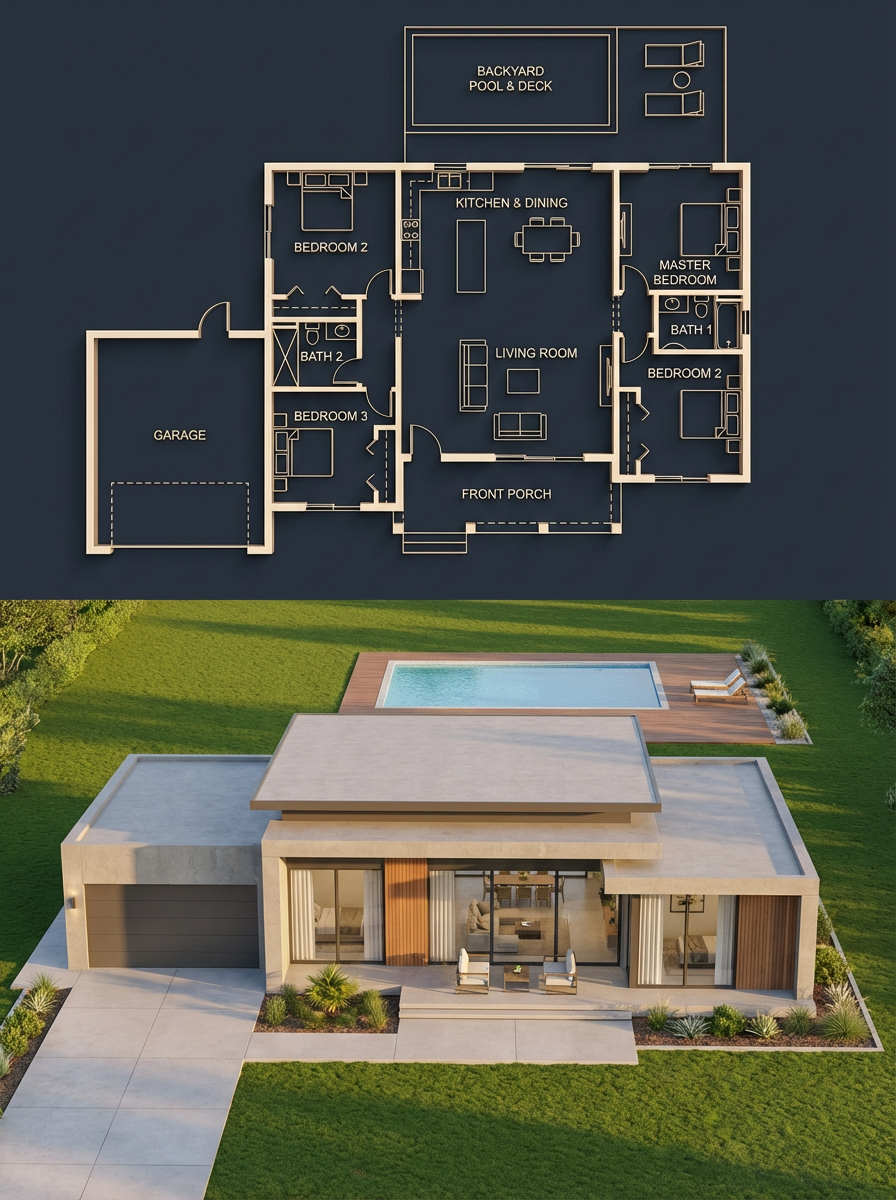 { "objective": "Create a split architectural visualization where the top is a de… (1)