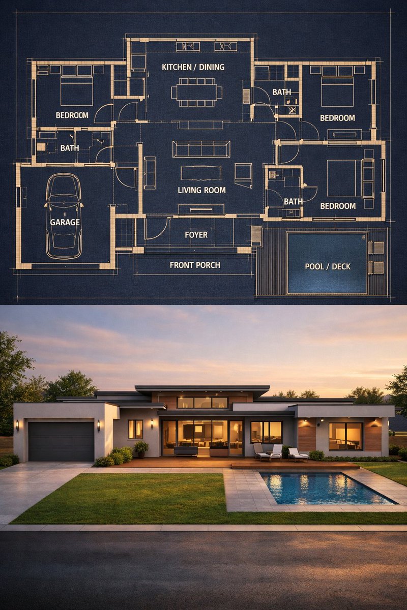 { "objective": "Create a split architectural visualization where the top is a de… (2)