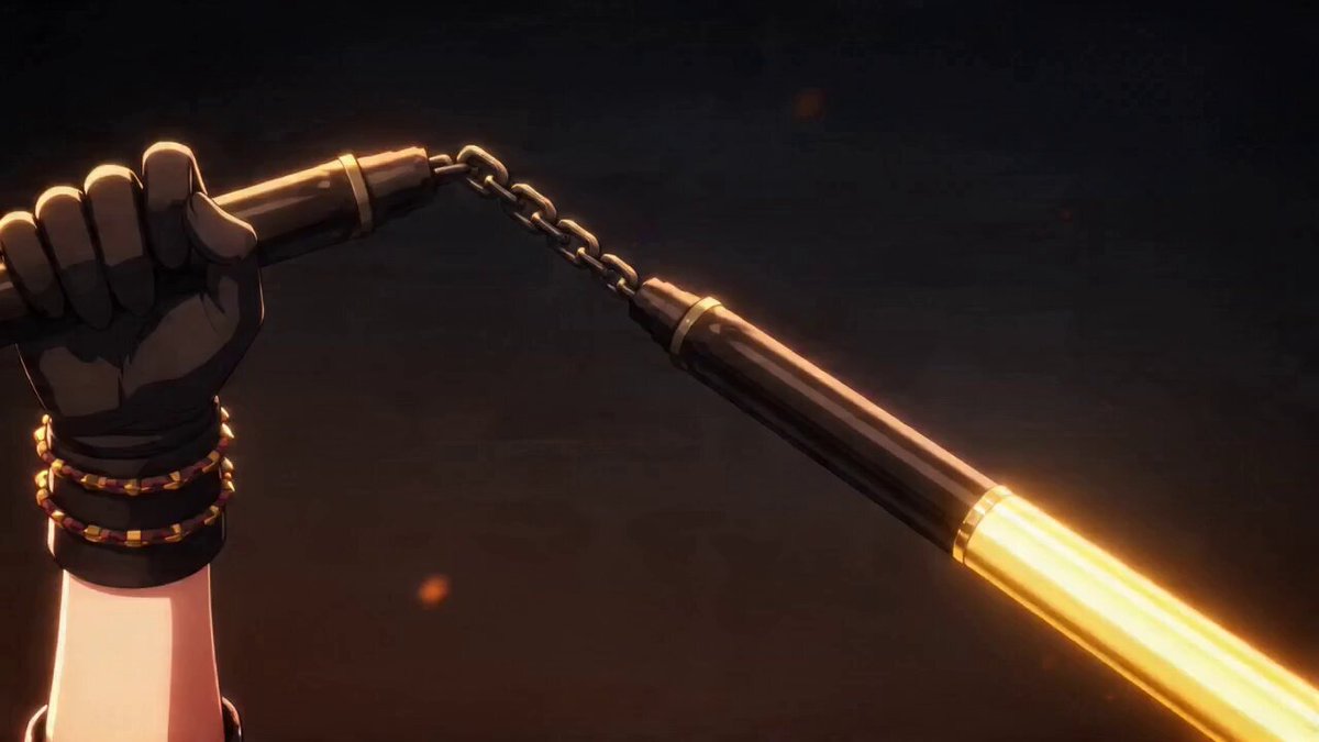 A glowing golden nunchaku spins rapidly in both hands, carving bright arcs again…