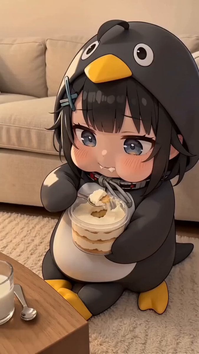 A super cute chibi-style anime cartoon little penguin girl with big sparkling ey…
