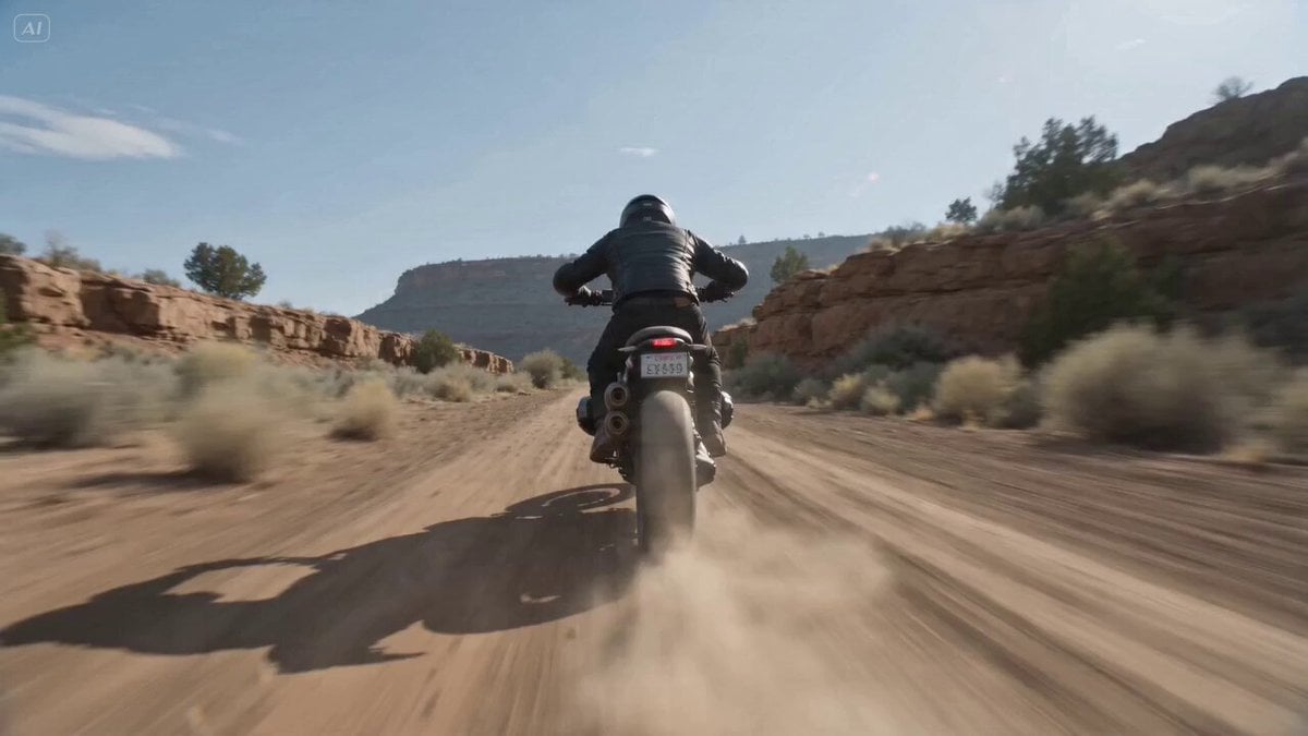 Ultra cinematic high-speed chase sequence, a powerful motorcycle racing at extre…
