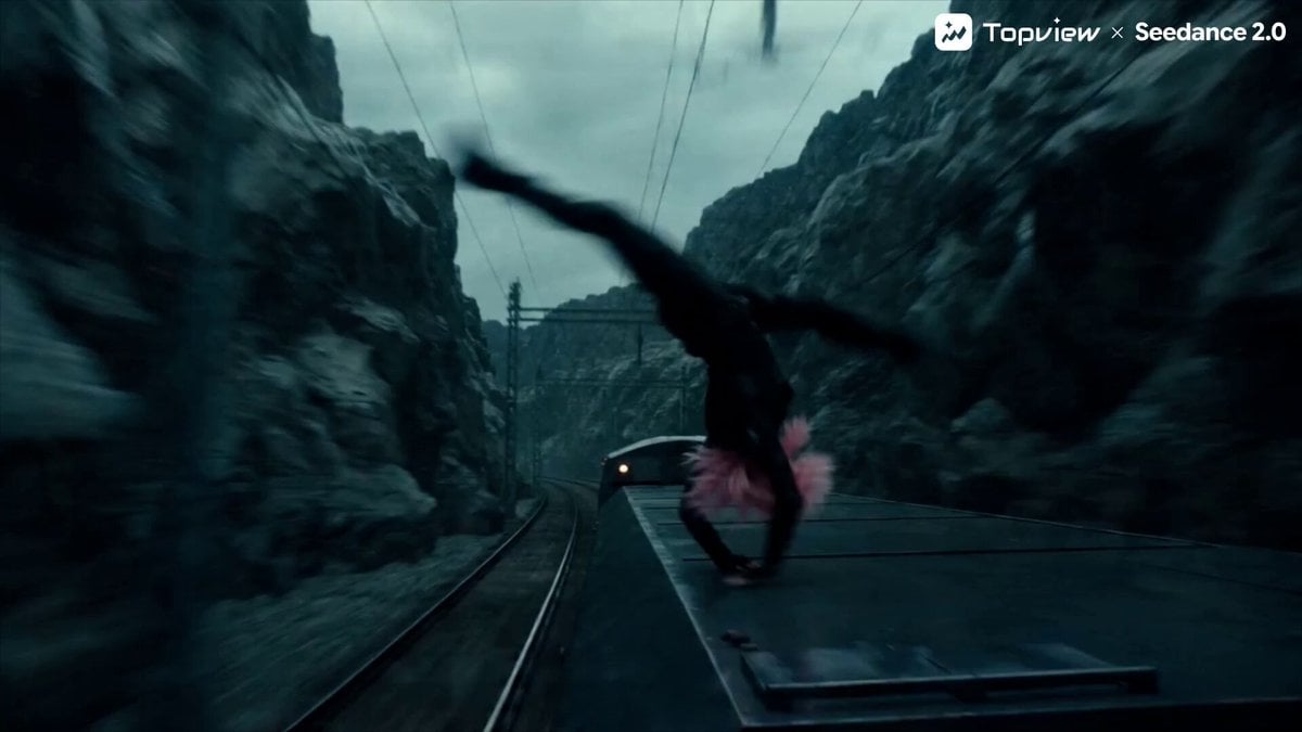 Dramatic low-angle tracking shot speeding along rain-slicked train tracks throug…