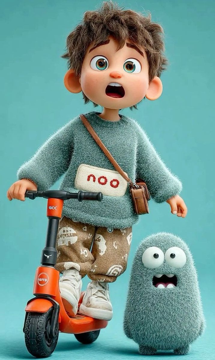 3D Pixar-style animated child character, cute young boy with messy brown hair an…