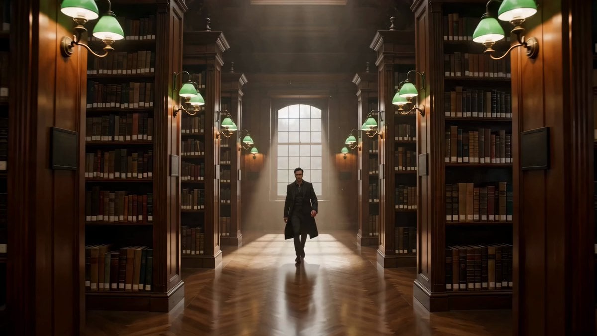 A cinematic one-take begins in a majestic private library corridor, walnut walls…