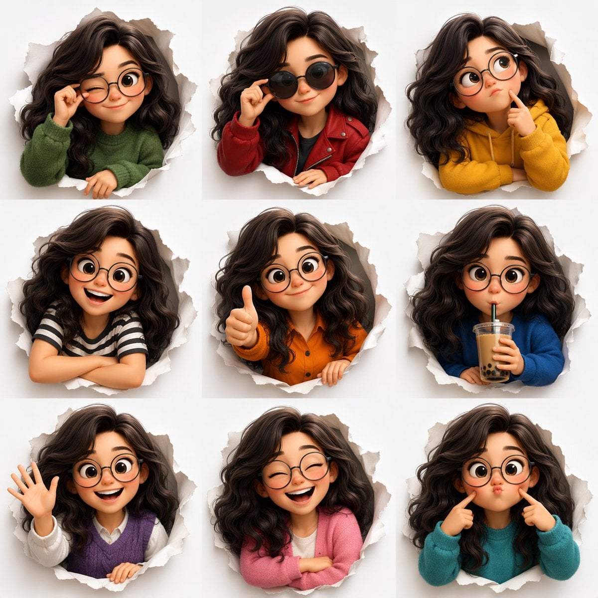 3D Pixar-style expression sheet, cute stylized avatar with wavy dark hair and ro…