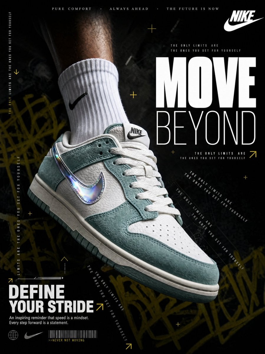 A hyperrealistic Nike sneaker advertisement shot in a dark, moody editorial styl…
