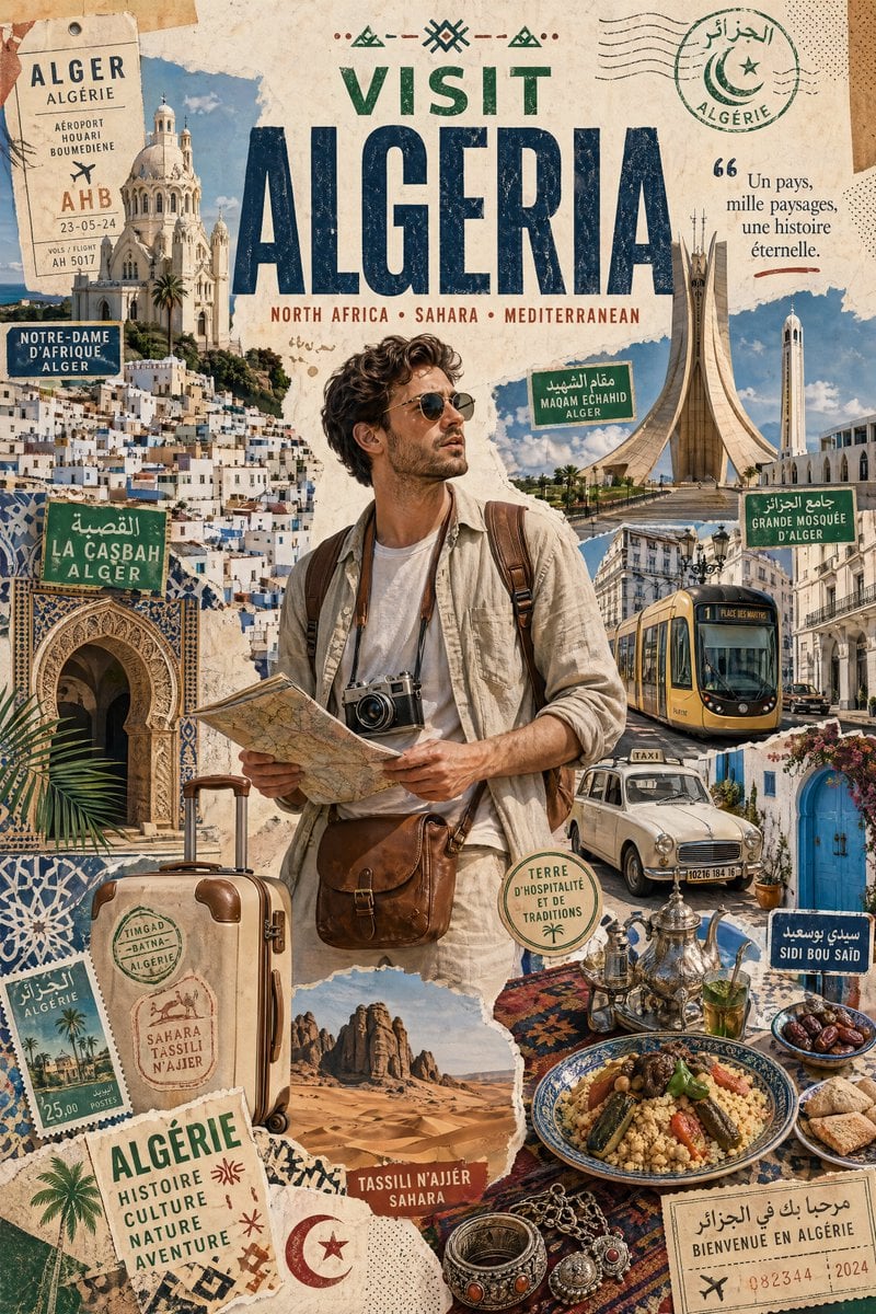 Create a stylized travel poster / graphic collage for [ALGERIA]. The main subjec…