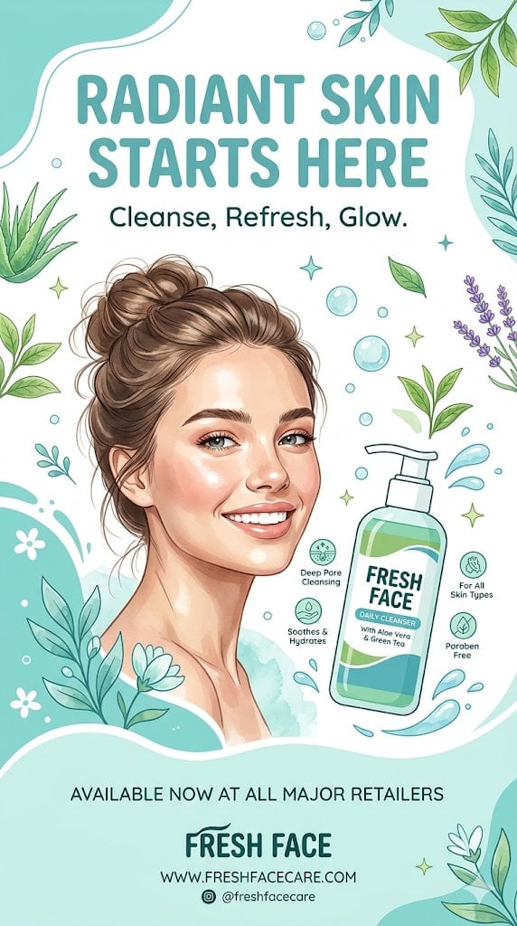 A clean, refreshing vertical advertising poster design for a face wash product, … (2)