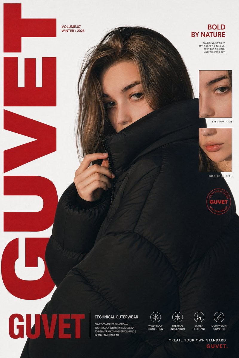 A bold fashion editorial poster featuring a young woman model in a close-up half…