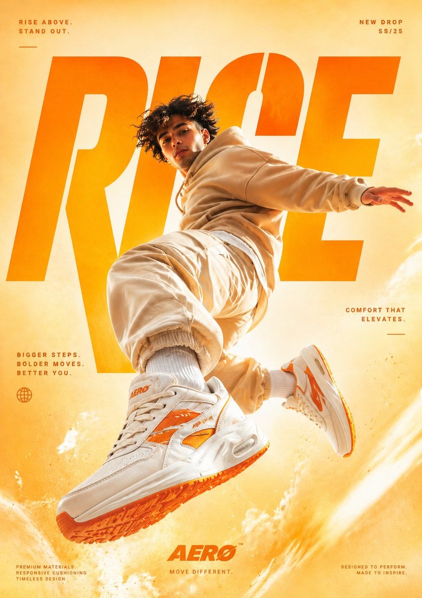 A cinematic, high-end sneaker advertisement poster featuring a young male model …