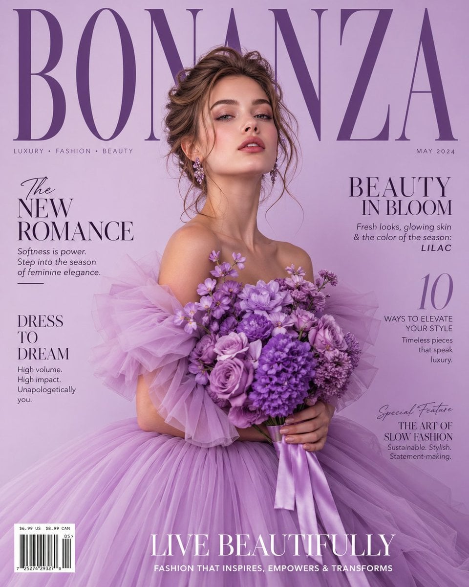 A luxury high-fashion magazine cover in a soft light purple (lavender) gradient …
