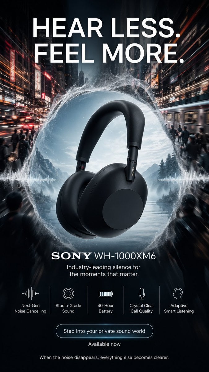 Create a high-end 9:16 vertical advertising poster for [Brand Name: SONY WH-1000…
