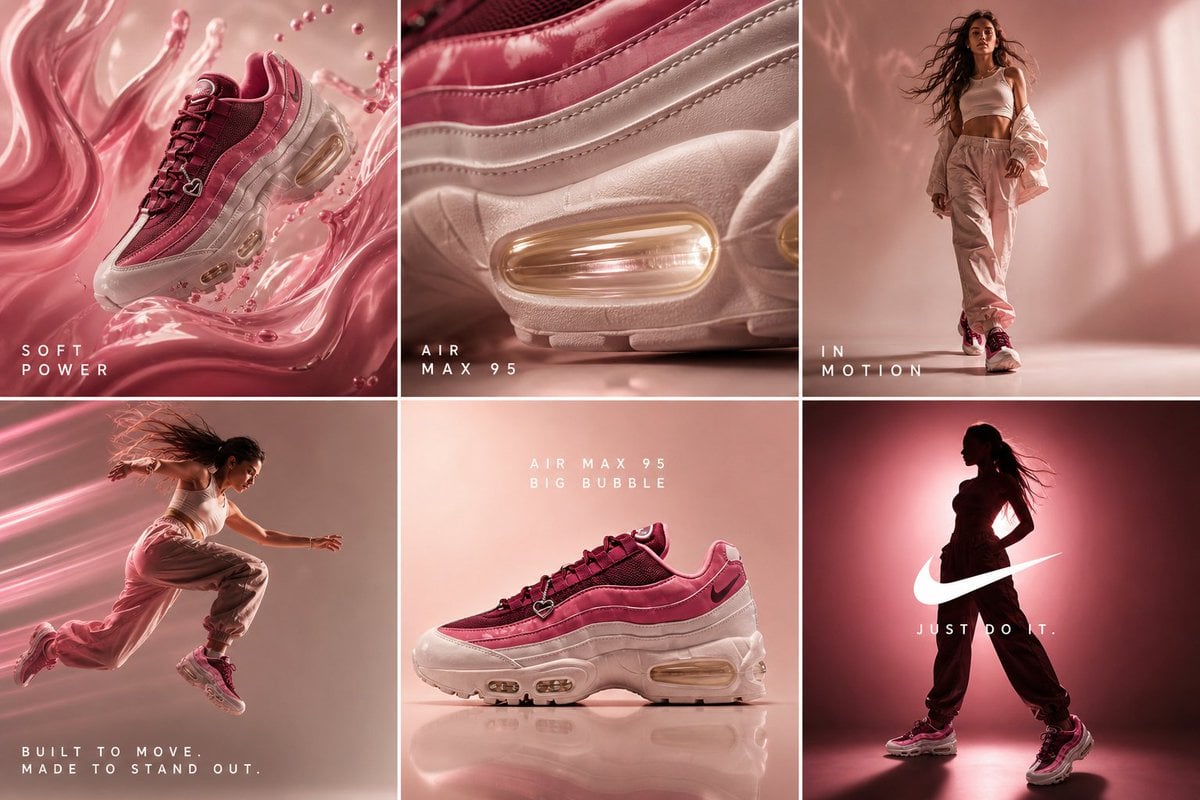 cinematic 6-frame grid (3x2), ultra-premium campaign for Nike Air Max 95 “Big Bu…